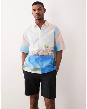 ASOS Oversized Printed Landscape Shirt With Linen - Blue