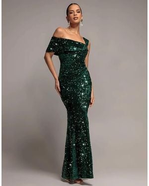 Goddiva Asymmetric Off Shoulder Pleated Waist Maxi Dress - Green