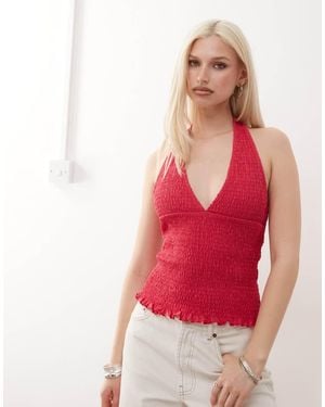 Reclaimed Vintage Halter Neck Plunge Detail Shirred Top