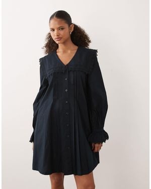 Barbour Tisbury Long Sleeve Lace Trim Collared Broderie Mini Dress - Blue