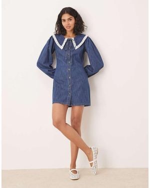 ASOS Denim Long Sleeve Mini Dress With Extreme Collar - Blue