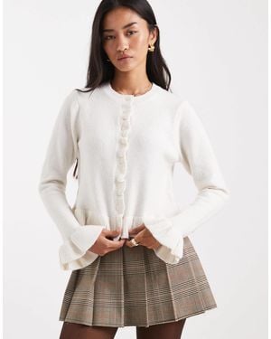 Brave Soul Crew Neck Knitted Cardigan With Frill Cuffs And Hem - White