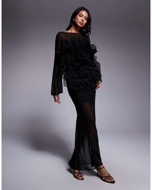 ASOS Long Sleeved Sheer Maxi Dress With Oversized Floral Ruffle Bodice - Grey