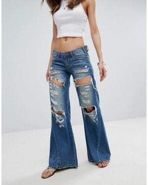 One Teaspoon Johnnies Low Waist Wide Leg Jean With Rips - Blue