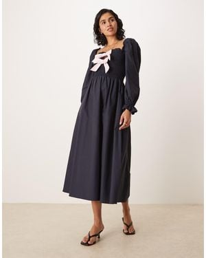Glamorous Puff Sleeve Midi Dress With Bow Tie Front - Blue