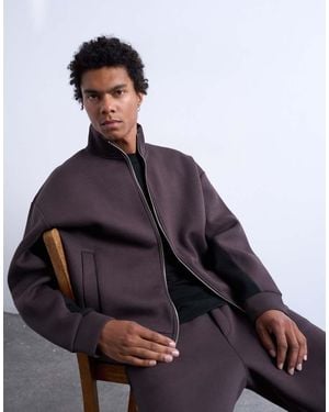 TOPMAN Funnel Neck Zip Through Panel Sweatshirt - Brown