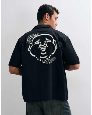TRUE RELIGION Full Zip Through Short Sleeve Buddha Back Print Shirt - Blue