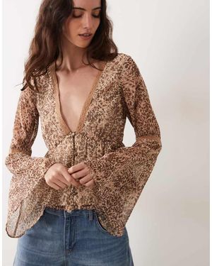 Miss Selfridge Chiffon Fluted Sleeve Blouse - Brown