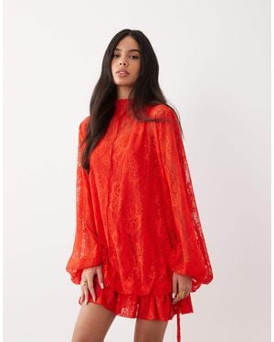 ASOS Spitzen-minikleid mit blousonärmeln und saumdetail - Rot