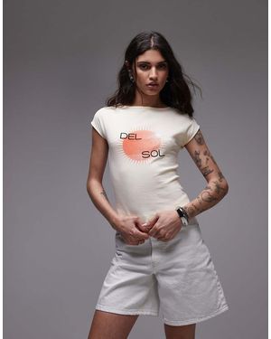 TOPSHOP Graphic Del Sol Cap Sleeve Slash Neck Tee - Brown