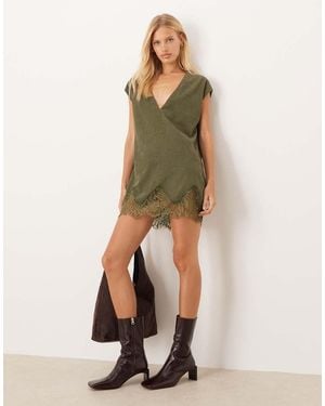 ASOS Cord V Neck Lace Trim Mini Shift Dress - Green