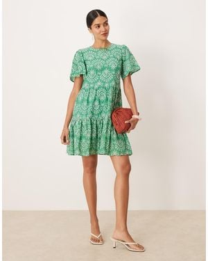 Lovedrobe Angel Sleeve Tie Back Smock Mini Dress - Green