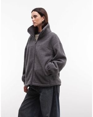 Weekday Oversized Funnel Neck Zip Borg Fleece - Gray