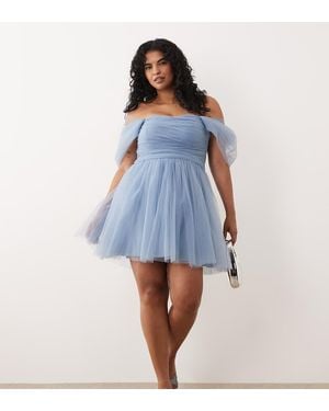 Lace & Beads Plus Vestido Corto Con Escote Bardot De Tul - Azul