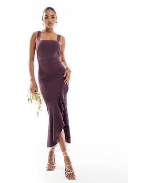 True Violet Vestido Midi Color Ciruela Medianoche Con Escote Cuadrado Y Volante En La Parte Delantera De -Morado