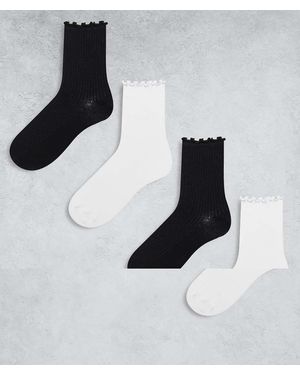 Pieces Set Van 4 Paar Sokken Met Ruches Langs De Rand - Wit