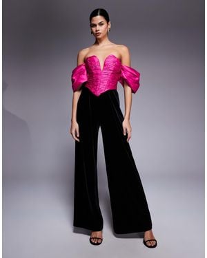 ASOS Off The Shoulder Satin And Velvet Jumpsuit - Pink