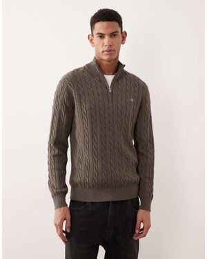 GANT Cotton Cable Knit Quarter Zip Jumper - Brown
