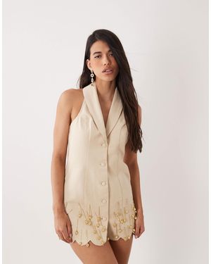 ASOS Neutral Embellished Linen Look Mini Dress - Natural