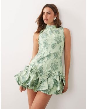 Sister Jane Exclusive Jacquard Sleeveless Cinched Waist Bow Hem Mini Dress - Green