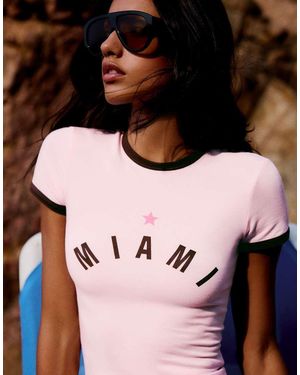 Bershka Contrast Print Fitted T-shirt - Pink