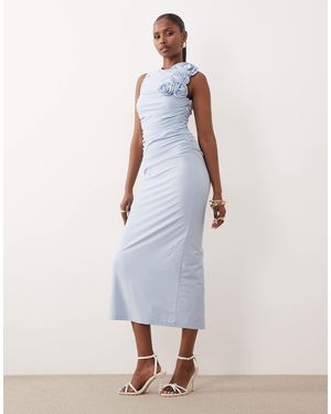 Y.A.S Slinky Ruched Maxi Dress With Rosette - Blue