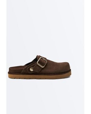 Oysho Buckled Split-Leather Mules - Brown