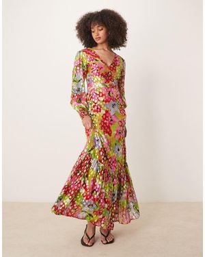 Finding Friday Metallic Printed Balloon Sleeve Maxi Dress - Multicolour