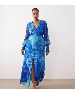 Hope & Ivy Plus V Neck Button Front Long Sleeved Maxi Dress - Blue