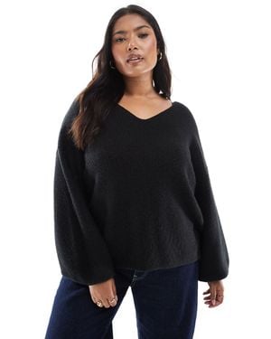 Threadbare Plus Fluffy V-neck Slouchy Sweater - Black