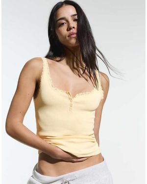 Bershka Lace Henley Strap Top - Natural
