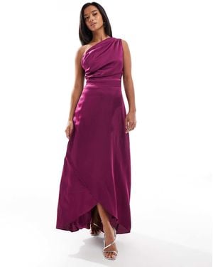 TFNC London Bridesmaid One Shoulder Satin Maxi Dress With Wrap Skirt - Purple