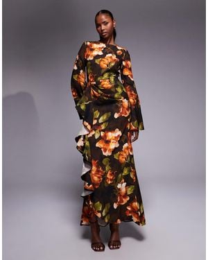 ASOS Long Sleeve Maxi Dress With Ruffle Skirt - Multicolor