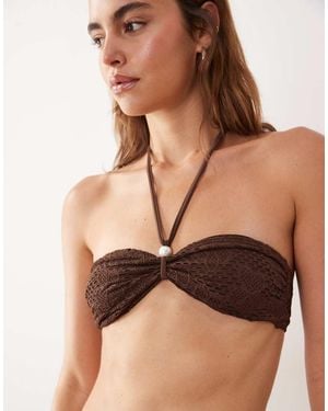 Miss Selfridge Crochet Halterneck Faux Pearl Bikini Top - Brown
