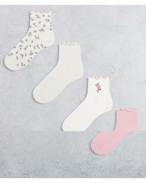 Lindex Pack De 4 Pares De Calcetines Rosas Con Bordes Ondulados Y Detalle De Flores De - Multicolor