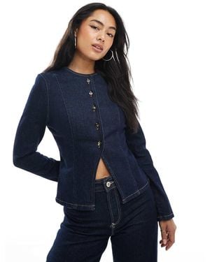 ASOS Collarless Denim Jacket With Shoulder Pads And Cinched Waist - Blue