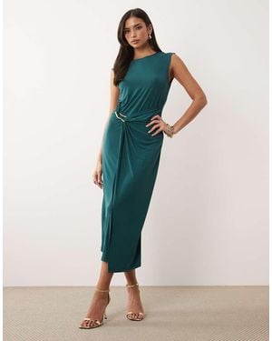 Vila Hammered Waist Cinching Slinky Midi Dress - Blue