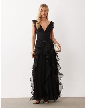 ASOS Ruched Maxi Dress With Waterfall Detailing - Black