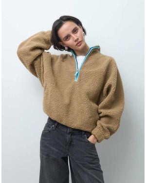 ASOS Borg Half Zip With Contrast Binding - Natural