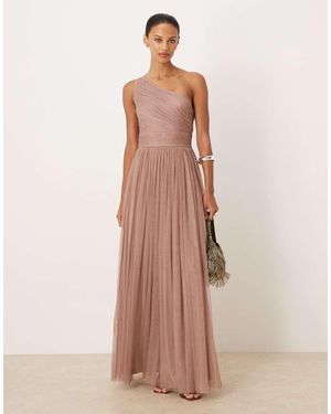 LACE & BEADS Bridesmaid Tulle One Shoulder Maxi Dress - Pink