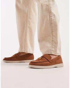 SEQWL Mocasines Con Suela Blanca Y Ribete De Borlas De Antelina Panther De -Neutro