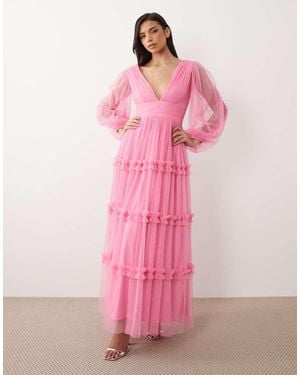 LACE & BEADS Tulle Plunge Neck Ruffle Tiered Maxi Dress - Pink