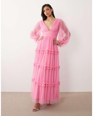 LACE & BEADS Vestido Largo Escalonado Con Escote Pronunciado Y Volantes De Tul - Rosa