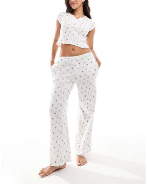 Kaiia Pantalones De Pijama Color Crema De Pernera Ancha Con Estampado De Florecitas De Punto Pointelle Mix & Match De - Blanco