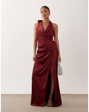 TFNC London Tfnc Bridesmaid Petite Satin Halter Neck Cowl Plunge Split Detail Maxi Dress - Red