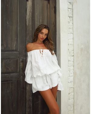 Aria Cove Cotton Bardot Tie Front Detail Flare Sleeve Romper - White