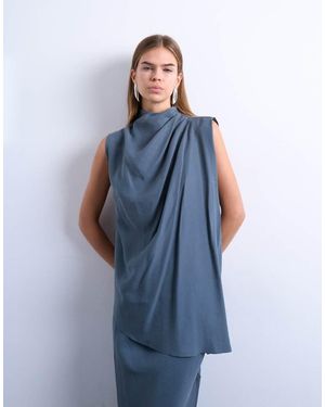 TOPSHOP Cupro Asym Hem Draped Tunic Top - Blue