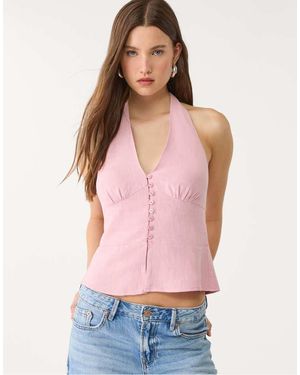 Stradivarius Linen Blend Halter Top With Buttons - Pink