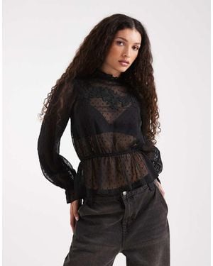 Miss Selfridge Blusa Negra De Estilo Victoriano Con Bordados De Chifón De - Negro