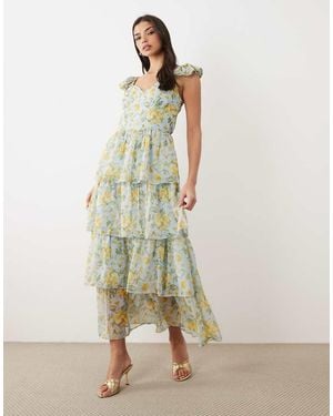 Y.A.S Flutter Sleeve Tiered Chiffon Maxi Dress - Green